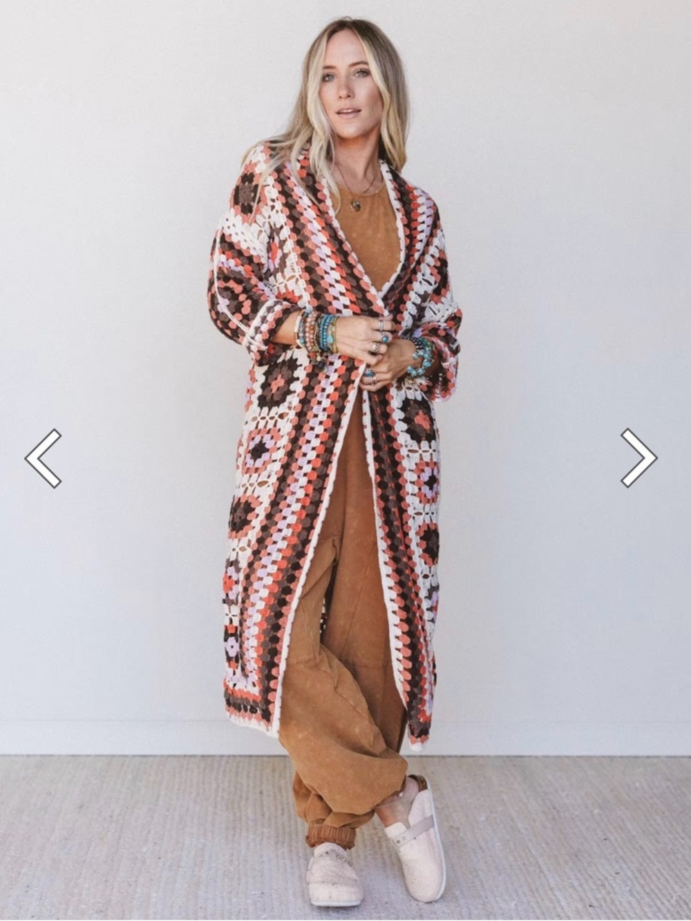Three Bird Nest Crochet Maxi Cardigan in Pink, Brown & Cream